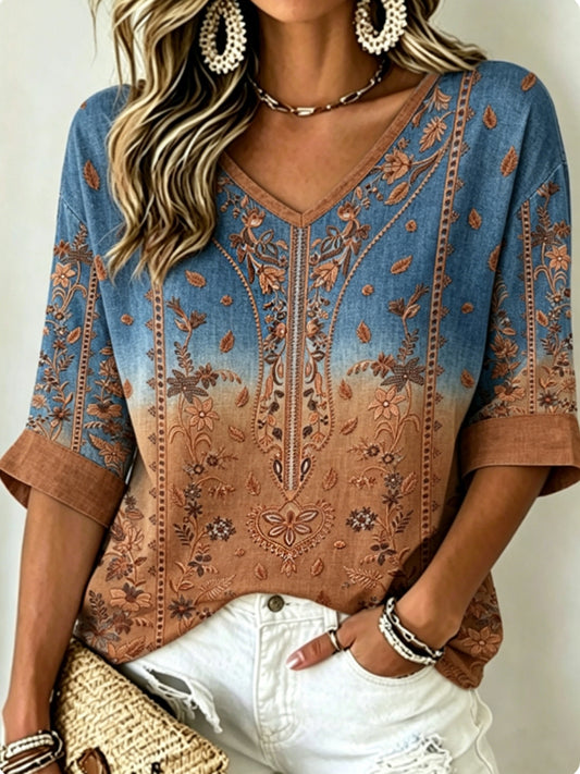 Haut vintage bohème pour femme en coton-lin, brodé de fleurs, à col en V