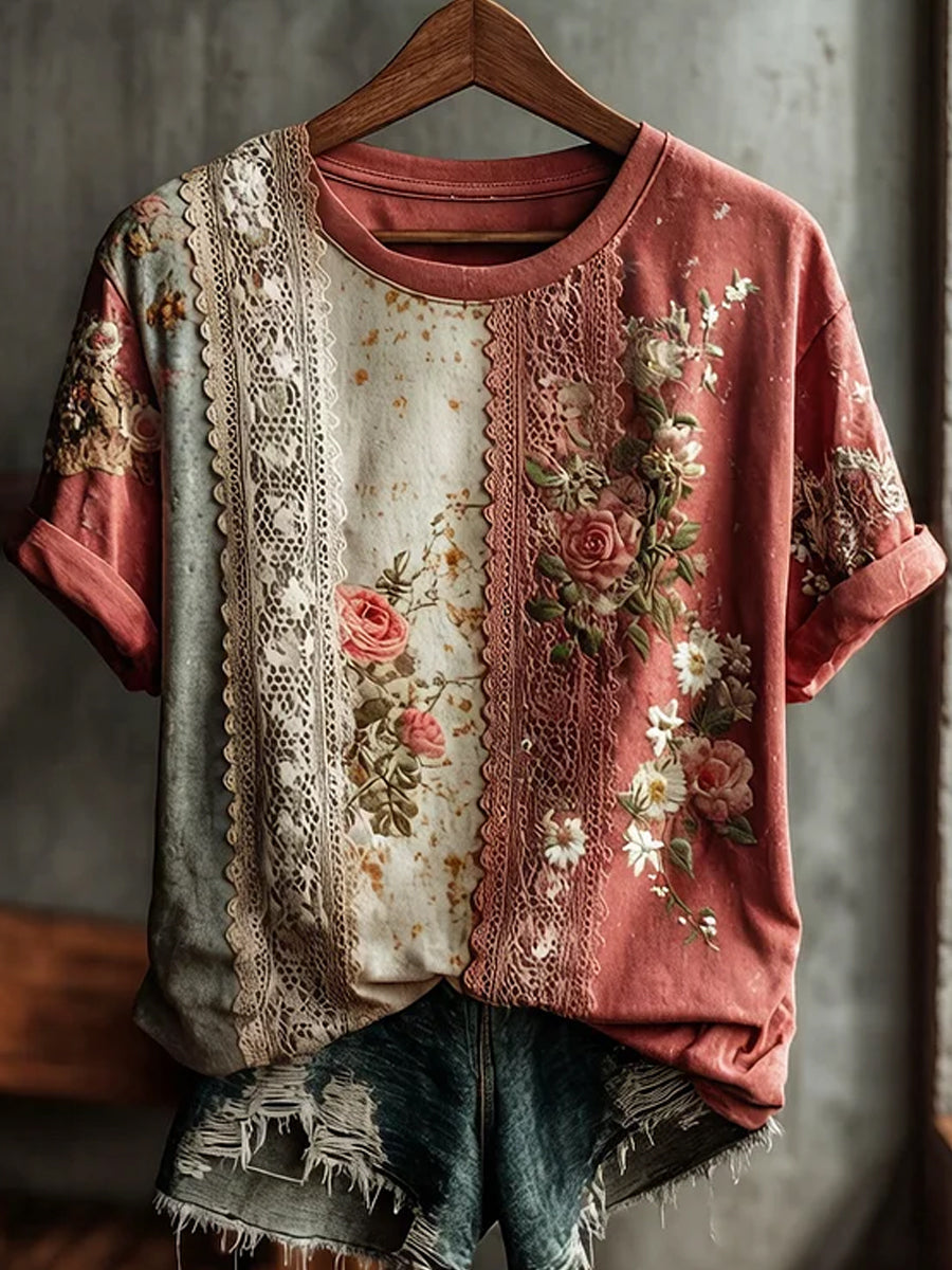 T-shirt décontracté et confortable avec impression artistique rétro fleurie