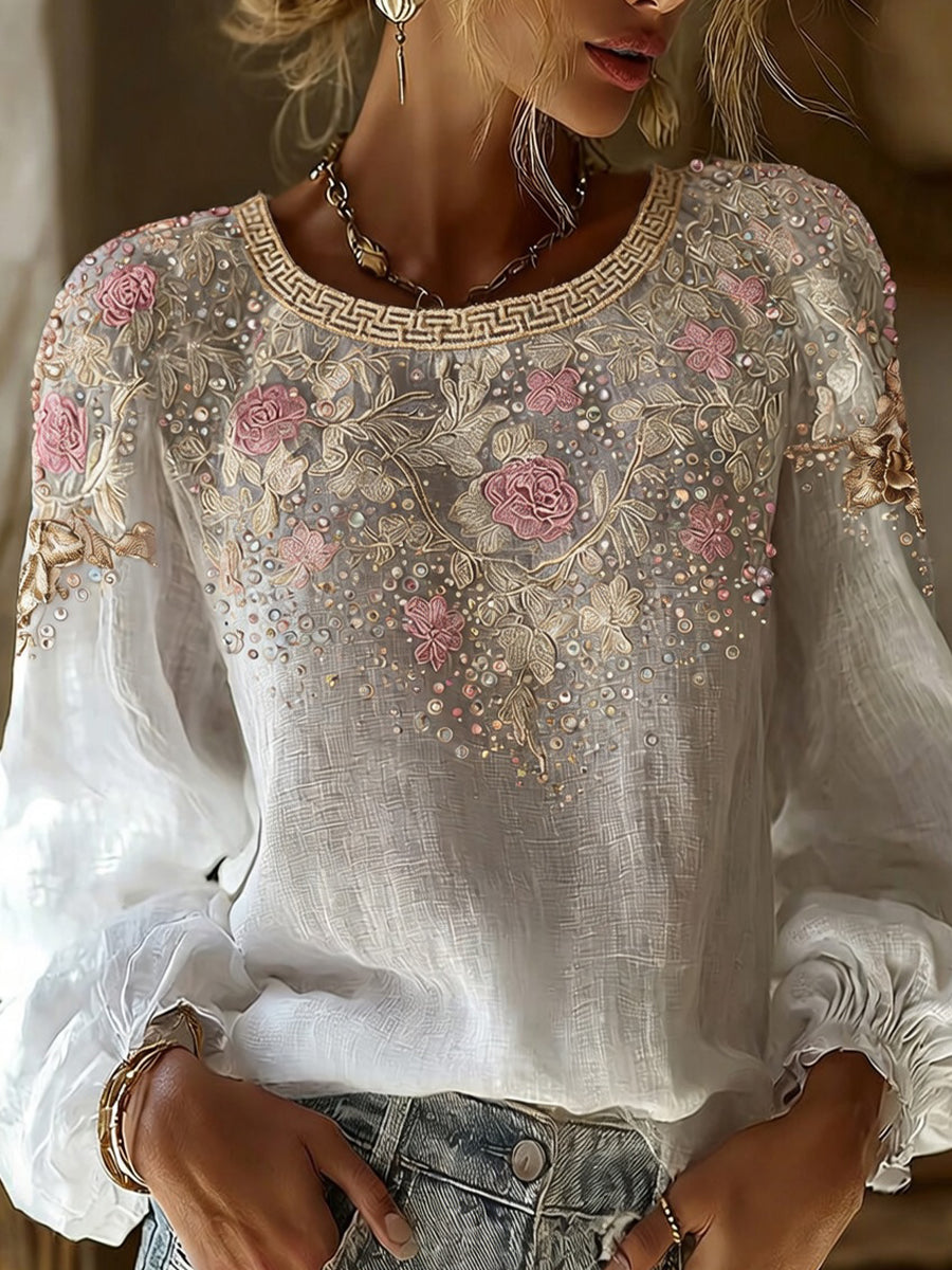 Haut décontracté en coton-lin pour femme, style vintage avec imprimé floral artistique