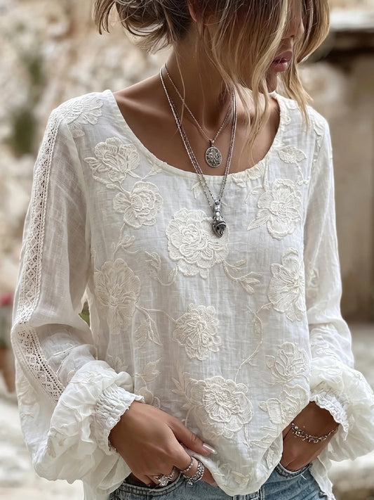 Haut décontracté en coton-lin pour femme, style vintage avec imprimé floral artistique