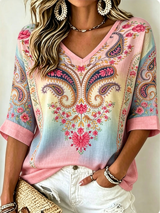 Haut vintage bohème pour femme en coton-lin, brodé de fleurs, à col en V