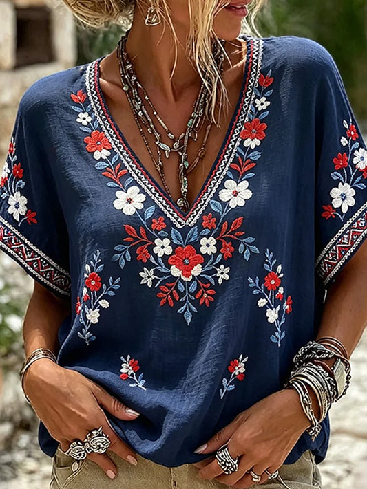 Haut décontracté en coton-lin pour femme, style vintage avec imprimé floral artistique