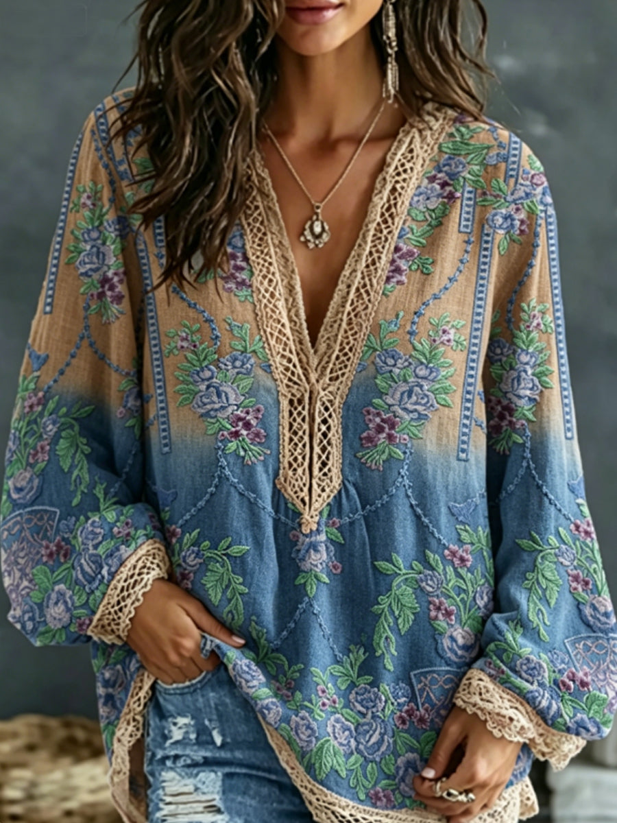 Chemise bohème pour femme en mélange de lin, à broderie florale, contraste de couleurs, col en V, manches longues
