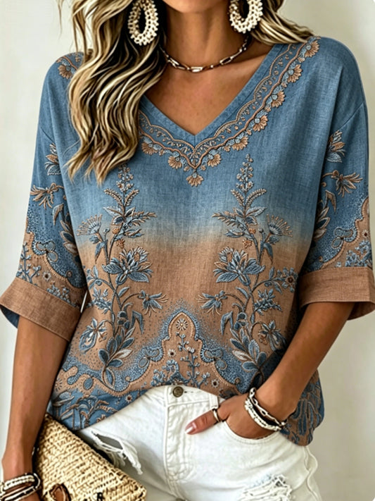 Haut vintage bohème pour femme en coton-lin, brodé de fleurs, à col en V