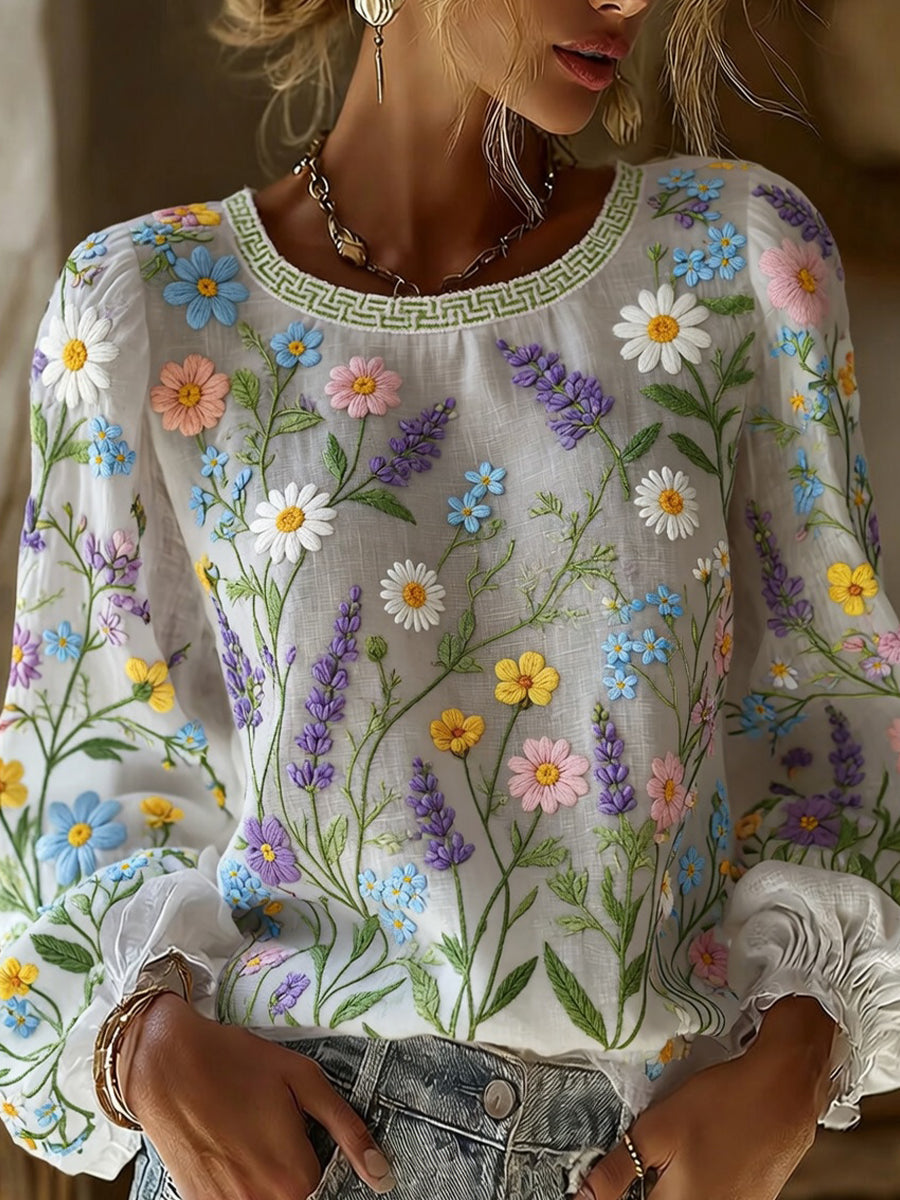 Haut décontracté en coton-lin pour femme, style vintage avec imprimé floral artistique
