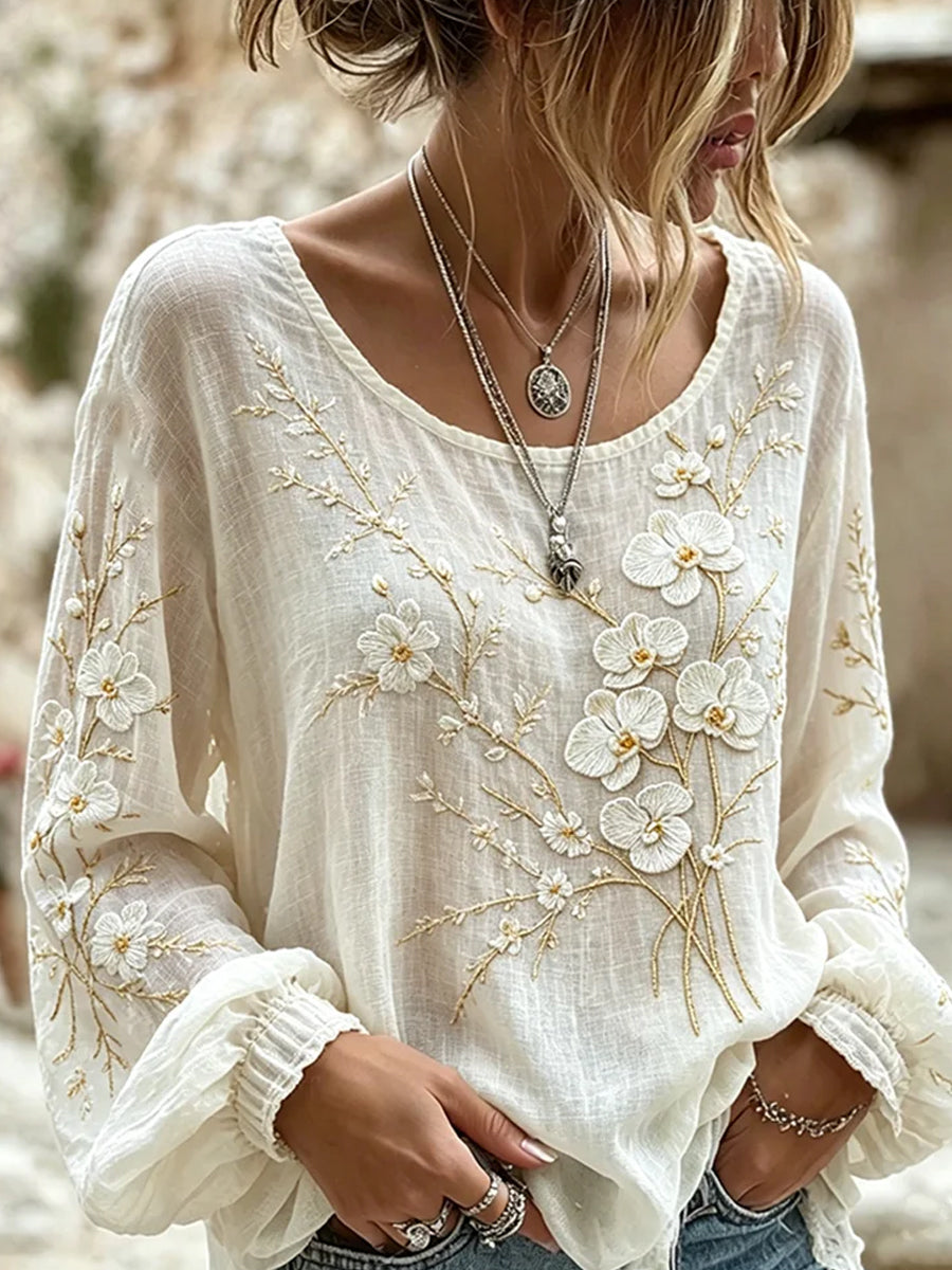 Haut décontracté en coton-lin pour femme, style vintage avec imprimé floral artistique