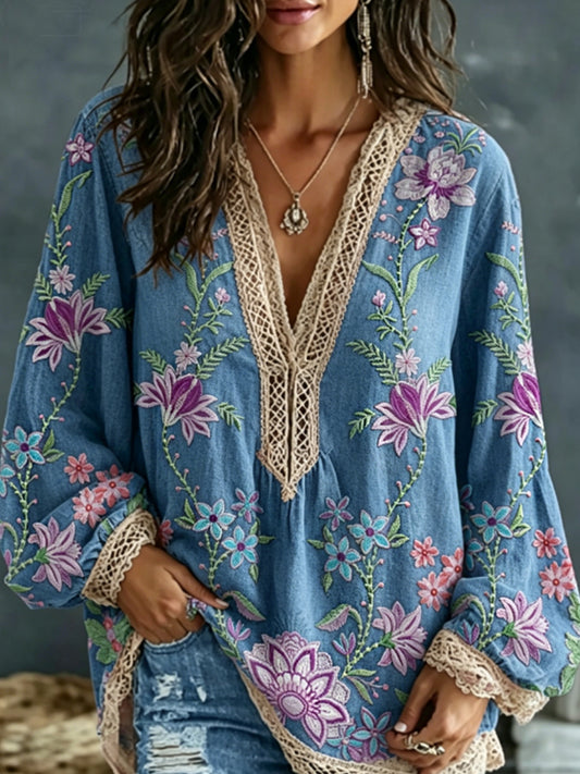 Chemise bohème pour femme en mélange de lin, à broderie florale, contraste de couleurs, col en V, manches longues