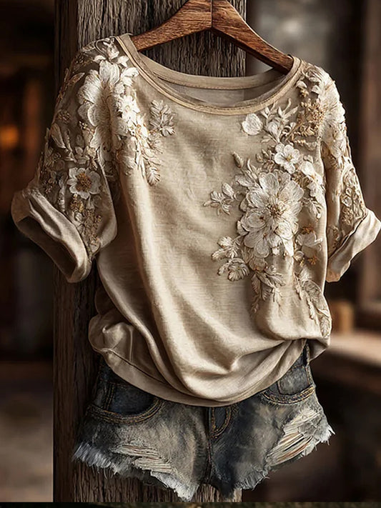 T-shirt décontracté et confortable avec impression artistique rétro fleurie