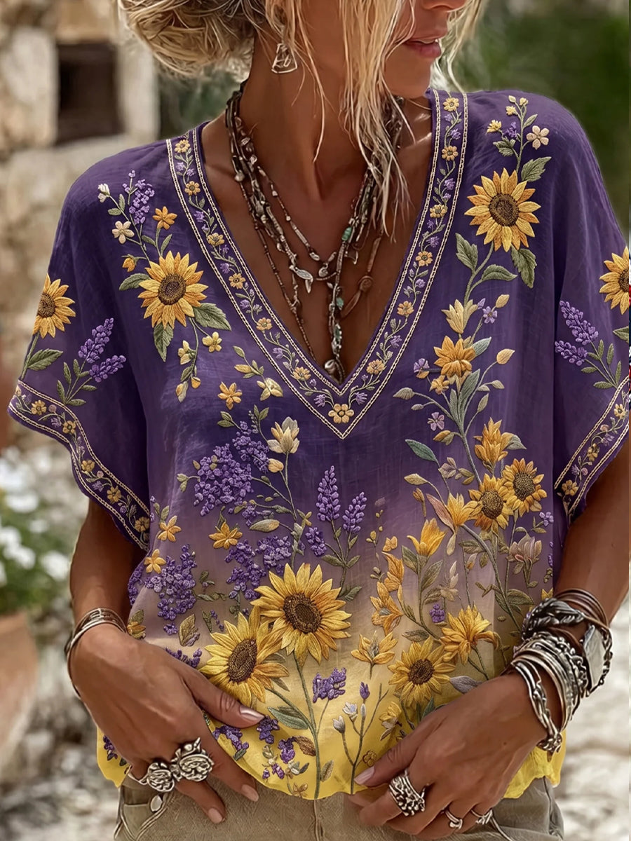 Haut décontracté en coton-lin pour femme, style vintage avec imprimé floral artistique