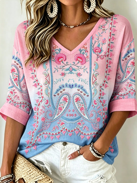 Haut vintage bohème pour femme en coton-lin, brodé de fleurs, à col en V
