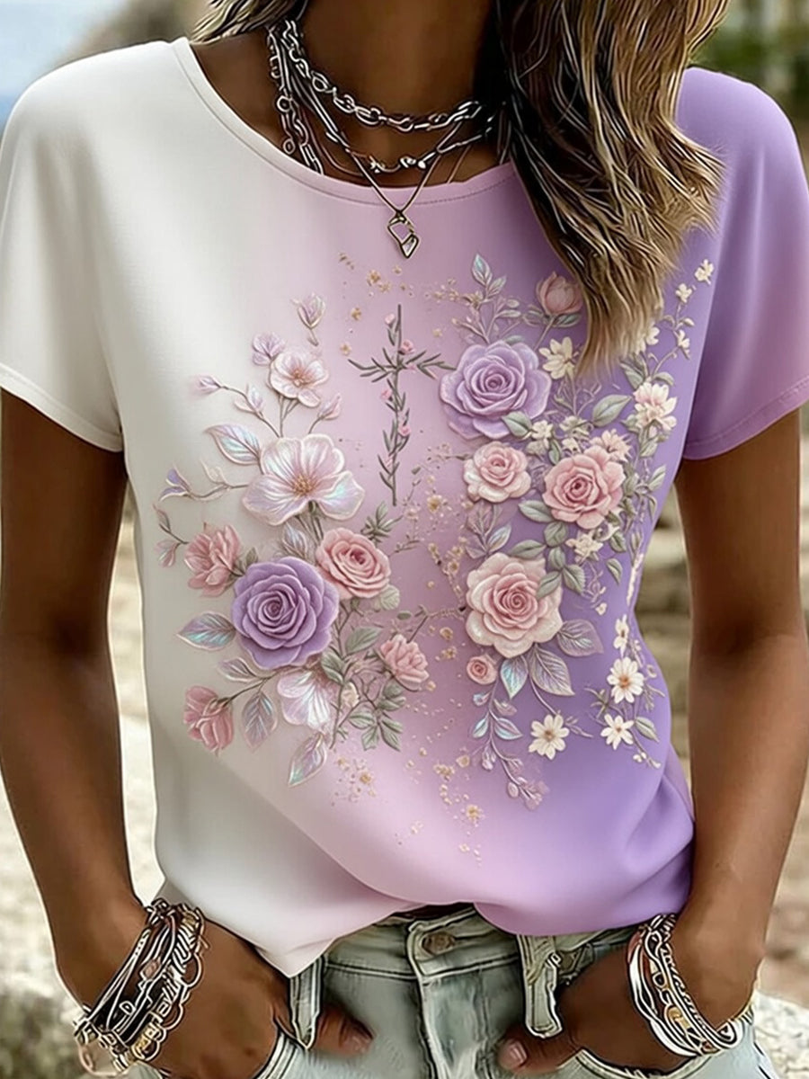T-shirt décontracté et confortable avec impression artistique rétro fleurie