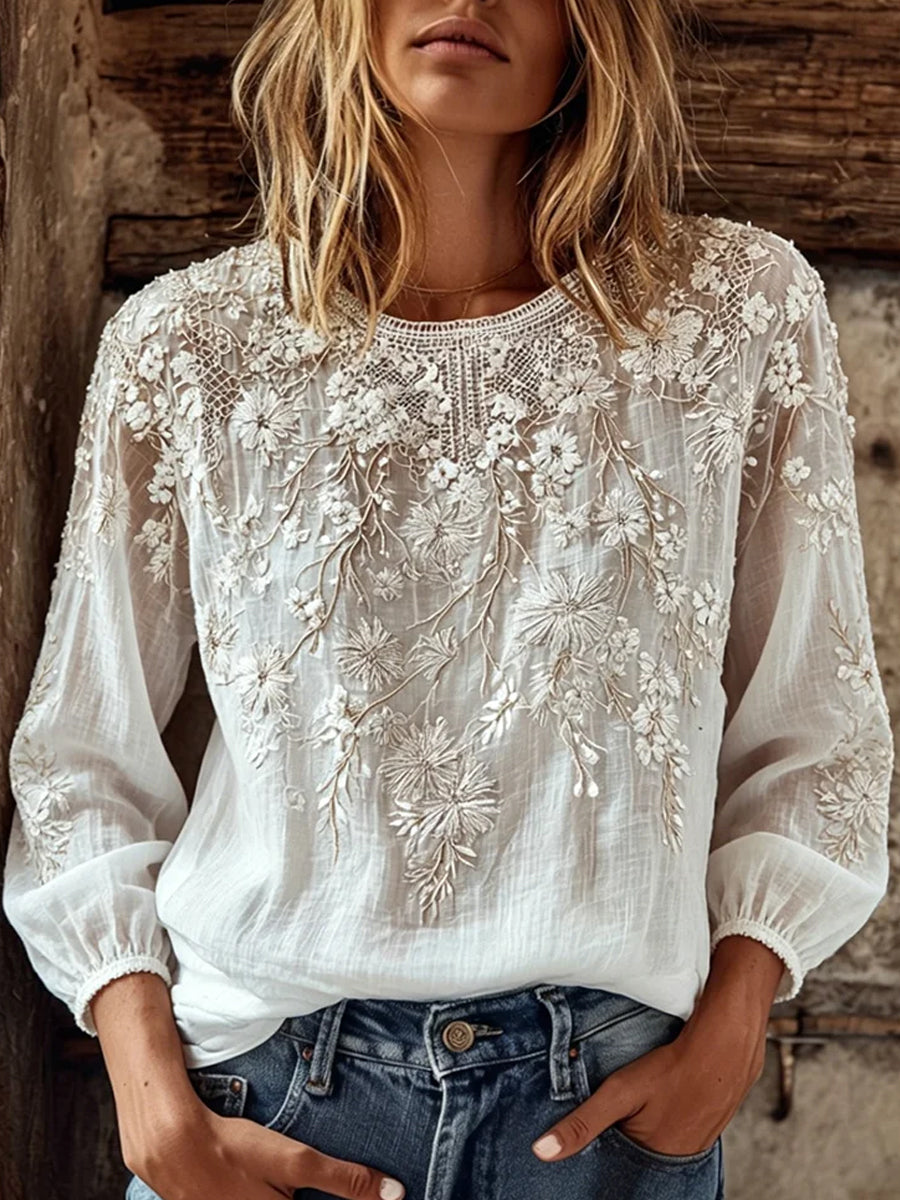Haut décontracté en coton-lin pour femme, style vintage avec imprimé floral artistique