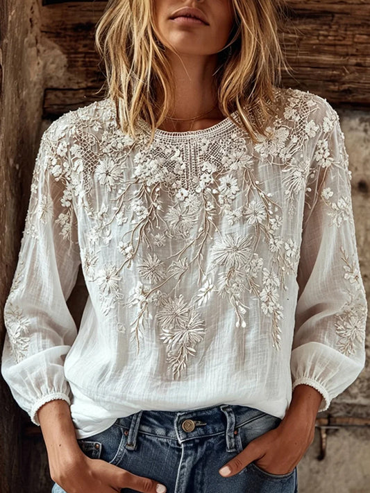 Haut décontracté en coton-lin pour femme, style vintage avec imprimé floral artistique