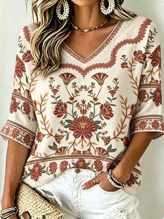 Haut vintage bohème pour femme en coton-lin, brodé de fleurs, à col en V
