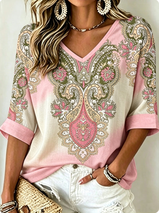 Haut vintage bohème pour femme en coton-lin, brodé de fleurs, à col en V