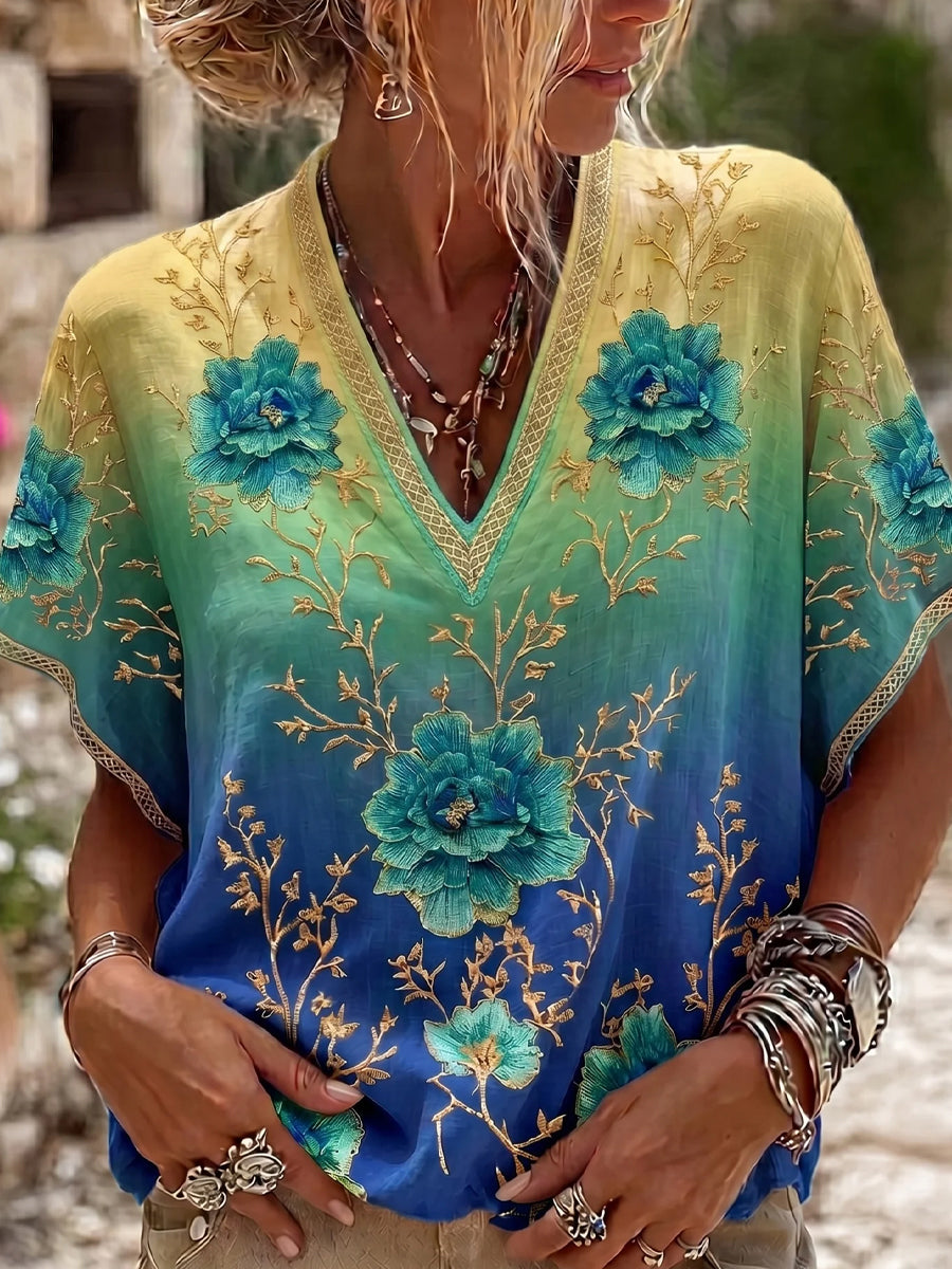 Haut décontracté en coton-lin pour femme, style vintage avec imprimé floral artistique