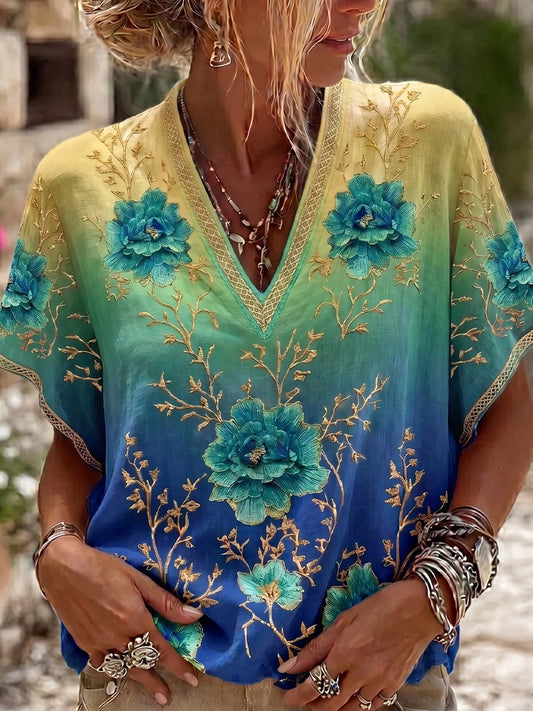 Haut décontracté en coton-lin pour femme, style vintage avec imprimé floral artistique
