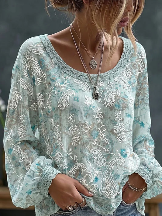 Haut décontracté en coton-lin pour femme, style vintage avec imprimé floral artistique