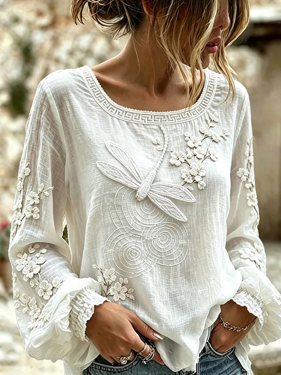 Haut décontracté en coton-lin pour femme, style vintage avec imprimé floral artistique