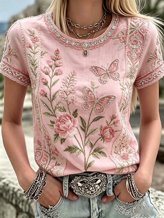T-shirt décontracté imprimé fleurs roses cancer du sein pour femmes
