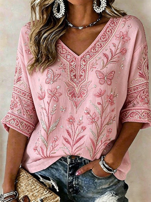 T-shirt décontracté à imprimé fleurs rose cancer du sein pour femmes