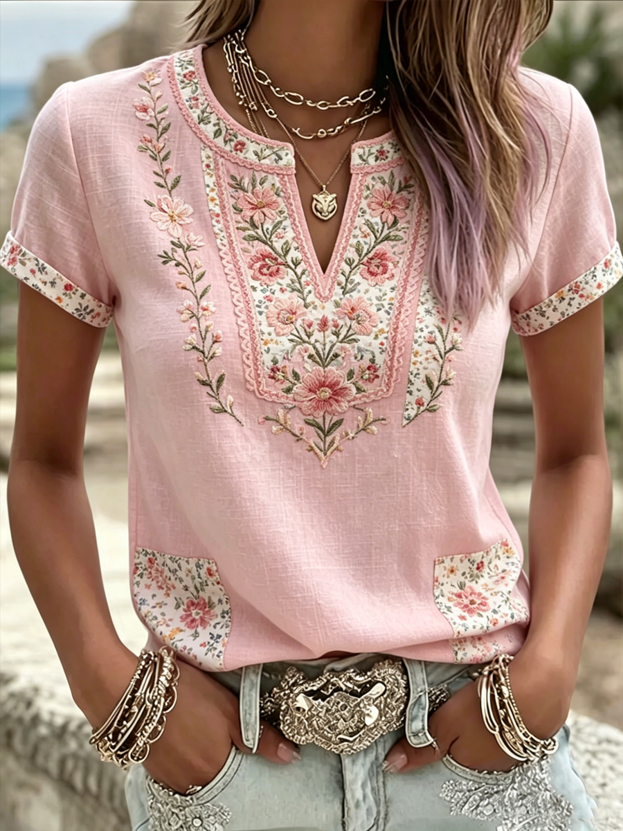 T-shirt rose à manches courtes pour femmes, imprimé floral