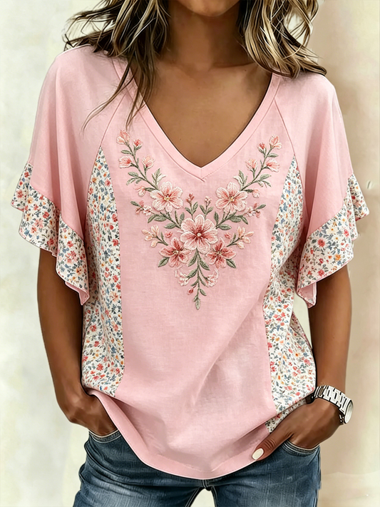 T-shirt rose à manches courtes pour femmes, imprimé floral