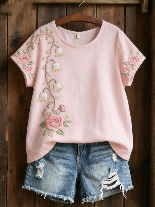 T-shirt rose en lin à manches courtes pour femmes, imprimé floral