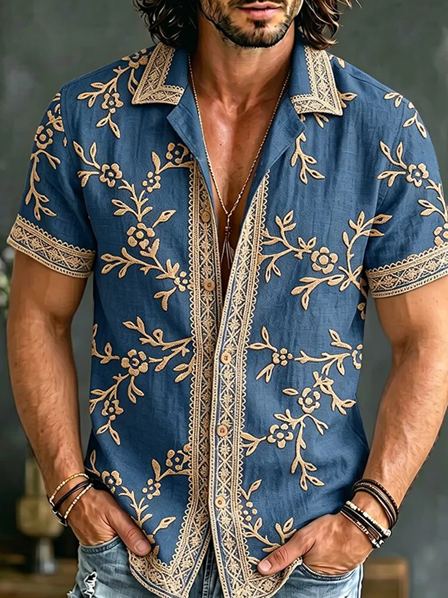 Chemise décontractée en coton-lin pour hommes, imprimé d'art abstrait rétro