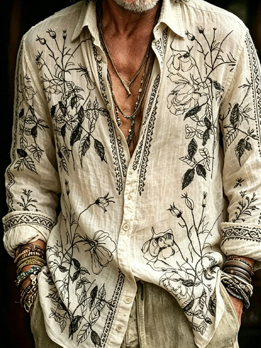 Chemise décontractée en coton-lin pour hommes, imprimé d'art abstrait rétro