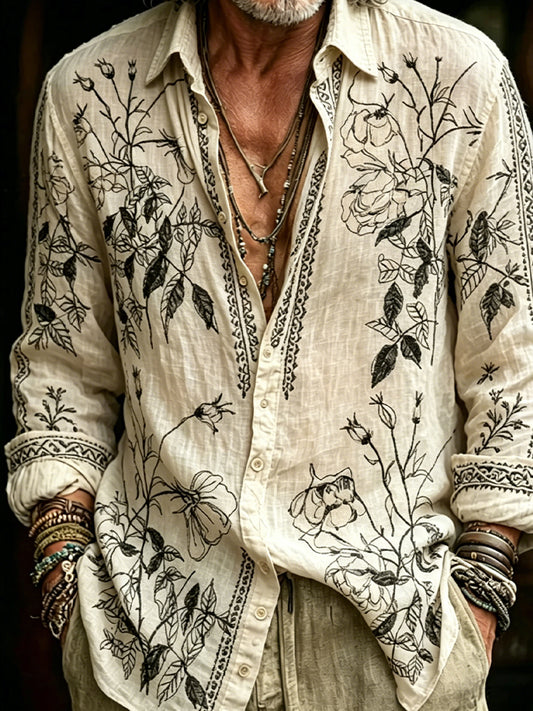 Chemise décontractée en coton-lin pour hommes, imprimé d'art abstrait rétro