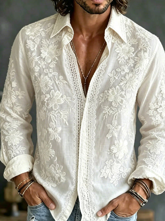 Chemise décontractée en coton-lin pour hommes, imprimé d'art abstrait rétro
