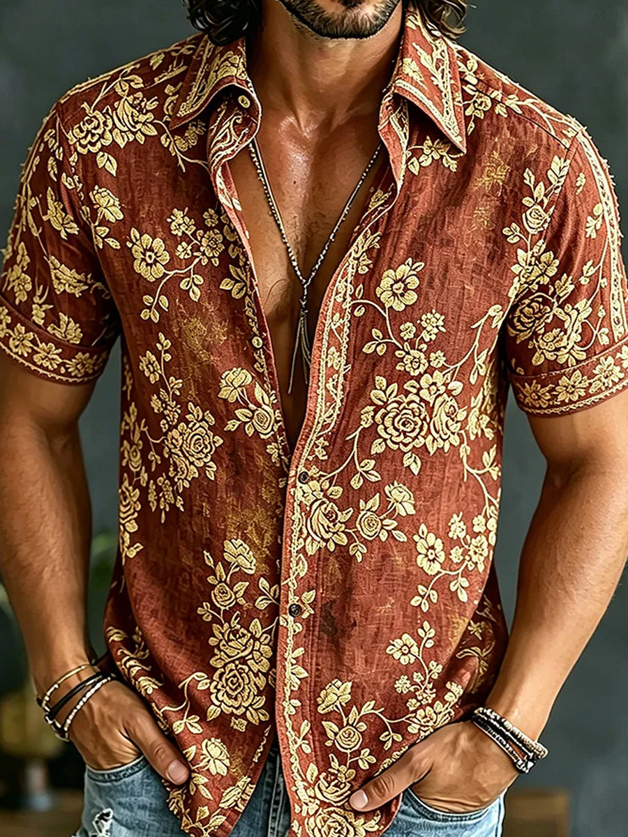 Chemise décontractée en coton-lin pour hommes, imprimé d'art abstrait rétro