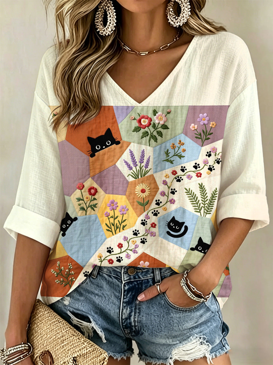 Chemise à col en V décontractée à imprimé floral rétro pour femmes