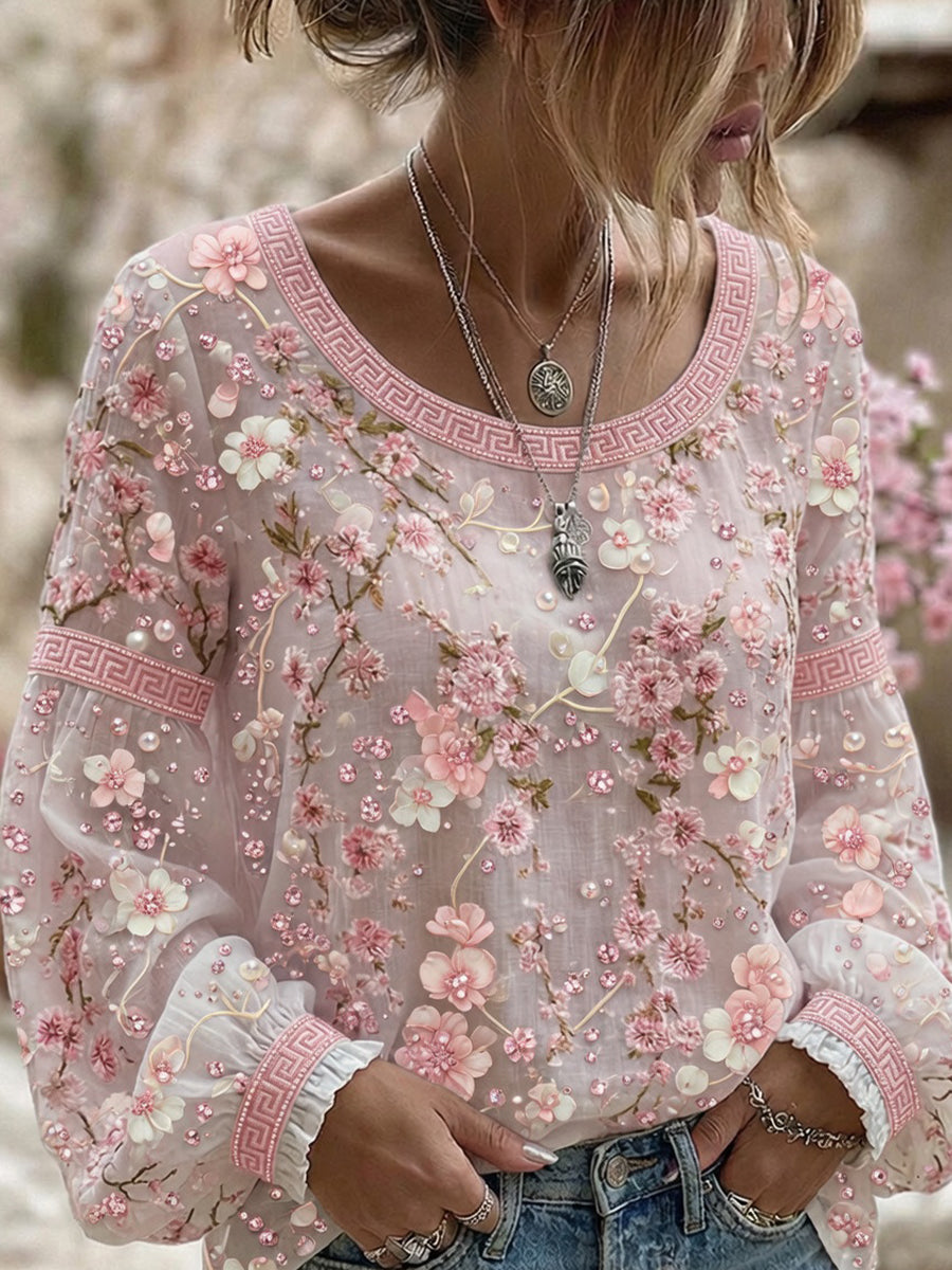 Haut décontracté en coton-lin pour femme, style vintage avec imprimé floral artistique