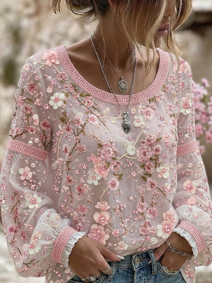 Haut décontracté en coton-lin pour femme, style vintage avec imprimé floral artistique