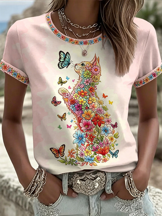 T-shirt décontracté pour femmes avec imprimé fleurs et chats