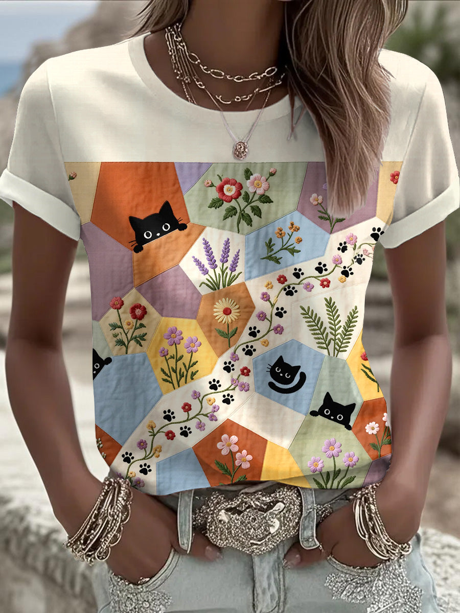 Femmes Rétro Floral Chats Imprimer Casual Tee