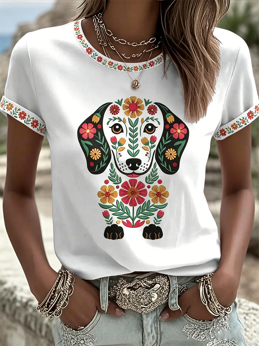 T-shirt décontracté pour femmes à imprimé fleurs et chien