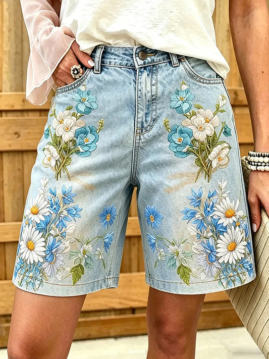 Shorts décontractés pour femmes, style vintage, imprimé floral artistique