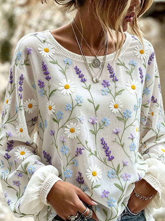 Haut décontracté en coton-lin pour femme, style vintage avec imprimé floral artistique