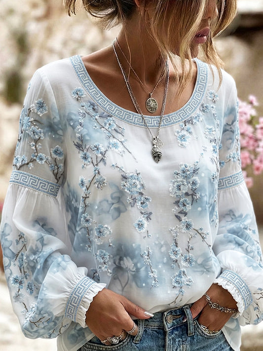 Haut décontracté en coton-lin pour femme, style vintage avec imprimé floral artistique