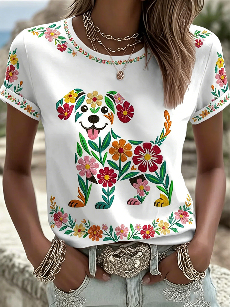 T-shirt décontracté pour femmes à imprimé fleurs et chien