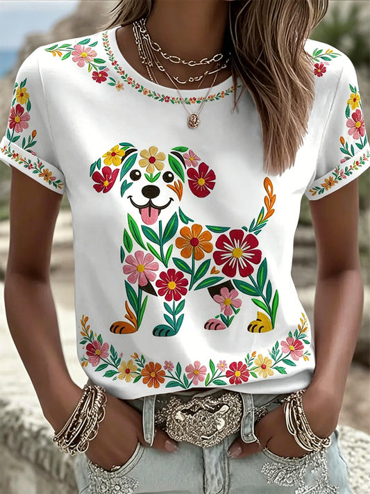 T-shirt décontracté pour femmes à imprimé fleurs et chien