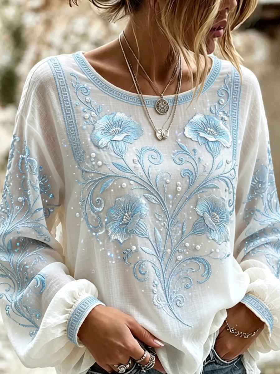Haut décontracté en coton-lin pour femme, style vintage avec imprimé floral artistique