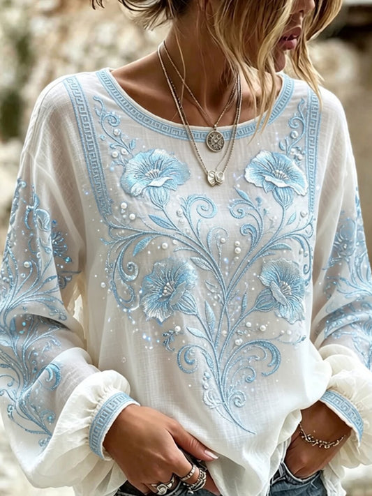 Haut décontracté en coton-lin pour femme, style vintage avec imprimé floral artistique