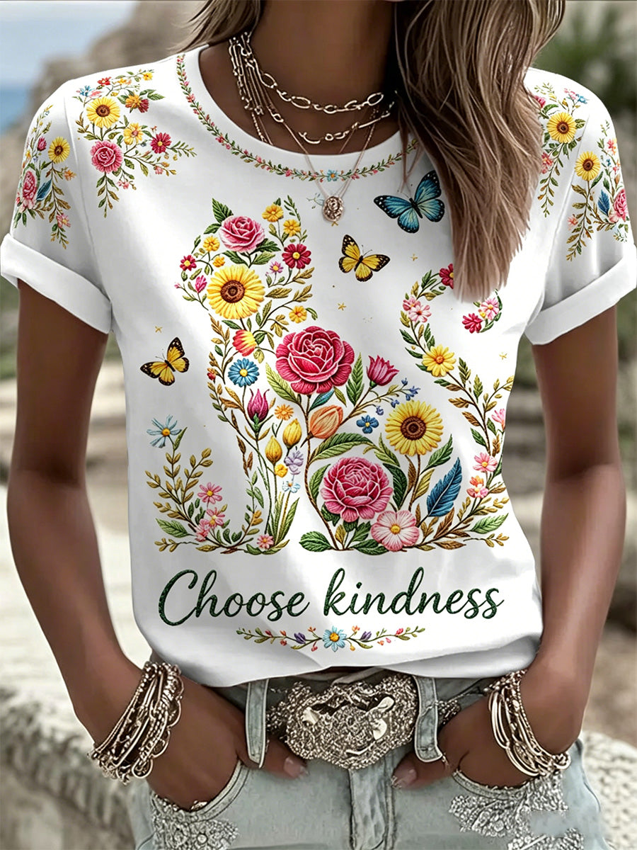 T-shirt décontracté pour femmes avec imprimé fleurs et chats