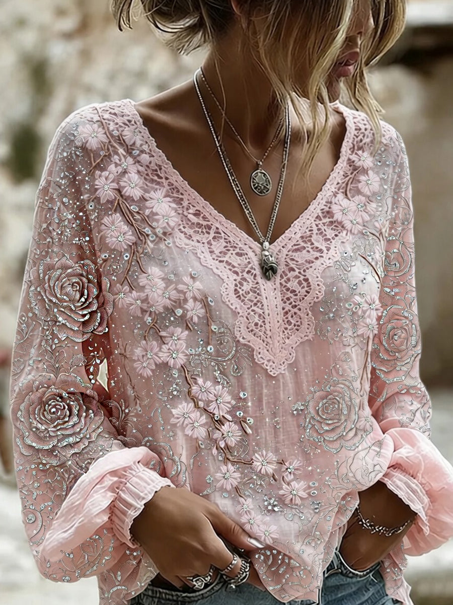 Haut décontracté en coton-lin pour femme, style vintage avec imprimé floral artistique