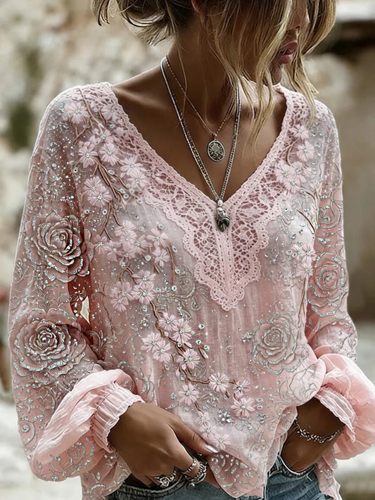 Haut décontracté en coton-lin pour femme, style vintage avec imprimé floral artistique