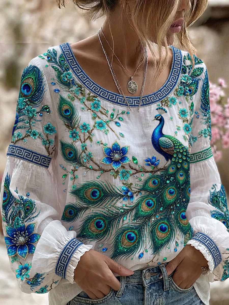 Haut décontracté en coton-lin pour femme, style vintage avec imprimé floral artistique